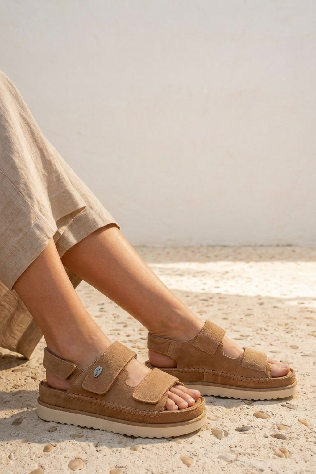 SANDALIA PIEL CAMEL VELCRO MUJER RESORT