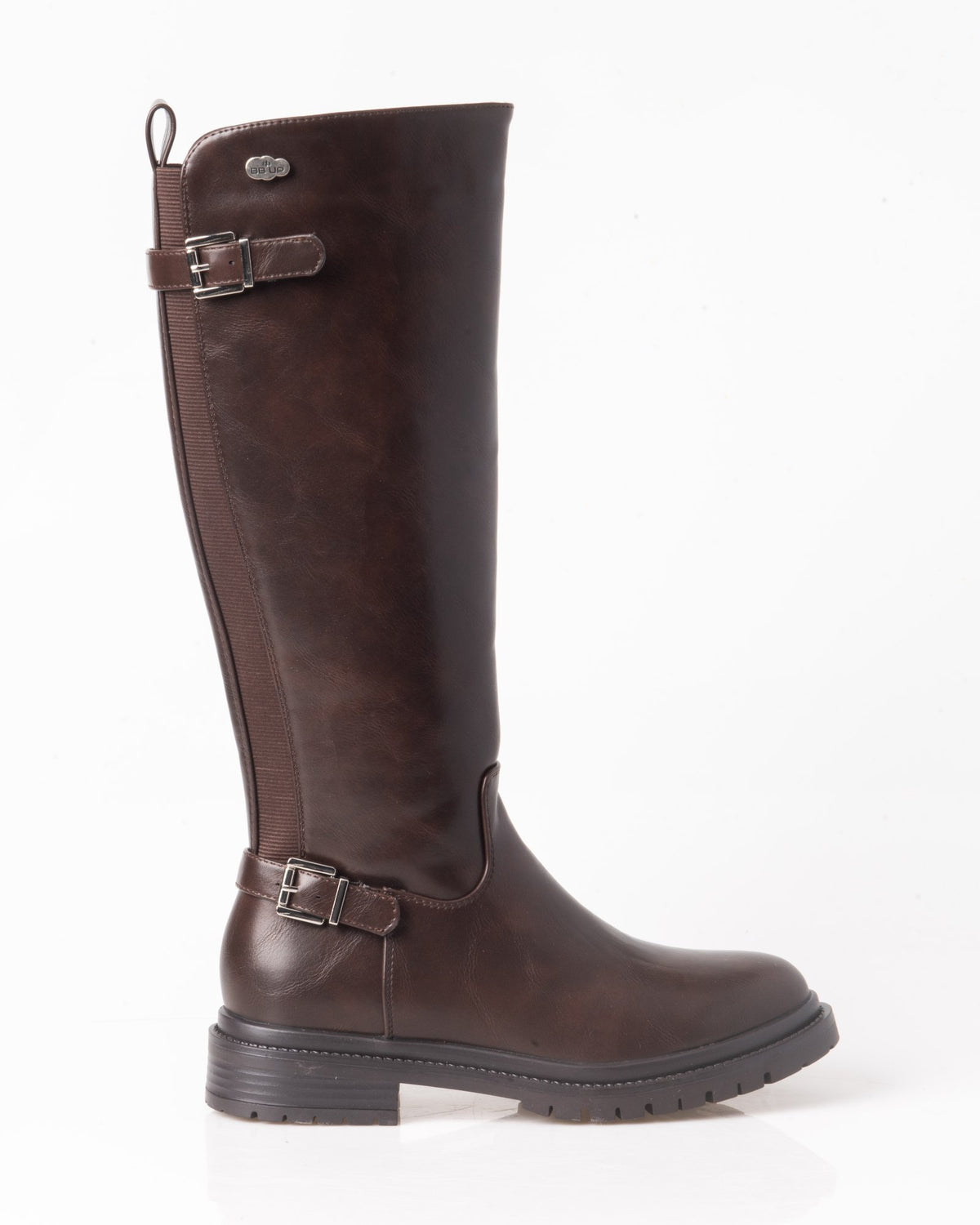 Bota alta motera marrón de mujer con hebillas y suela track – vista lateral