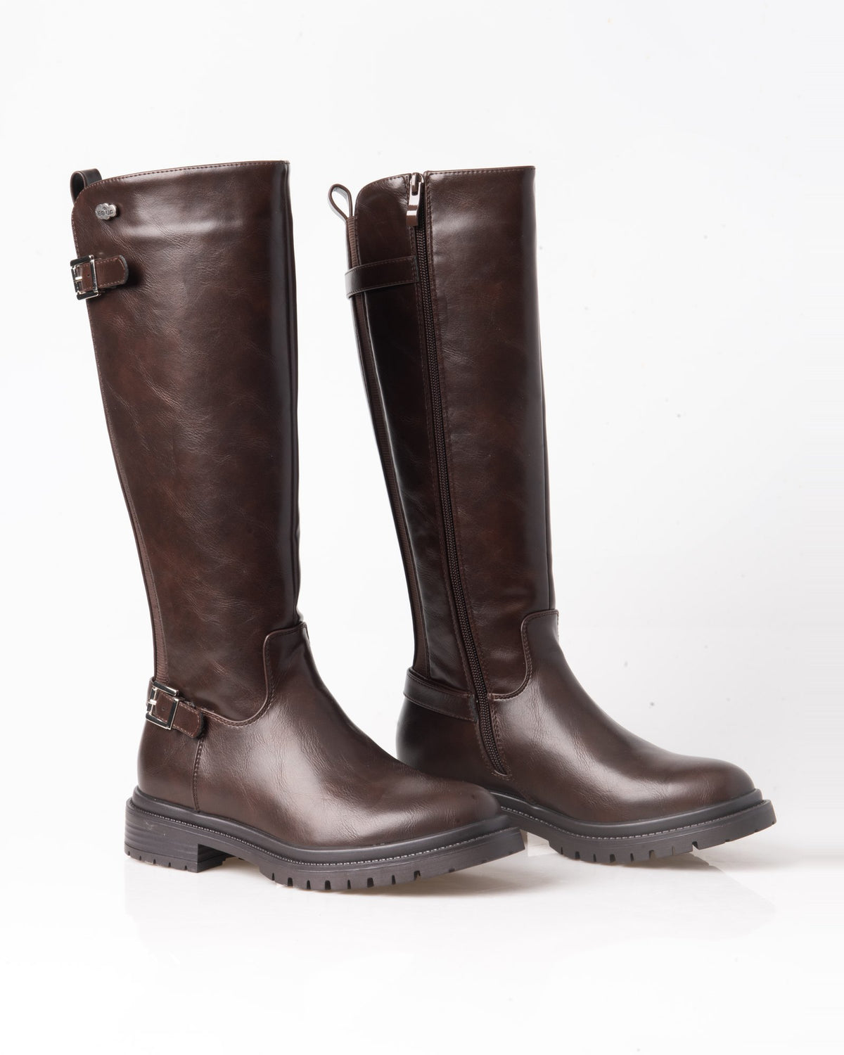 Bota alta motera marrón de mujer con hebillas y suela track – par