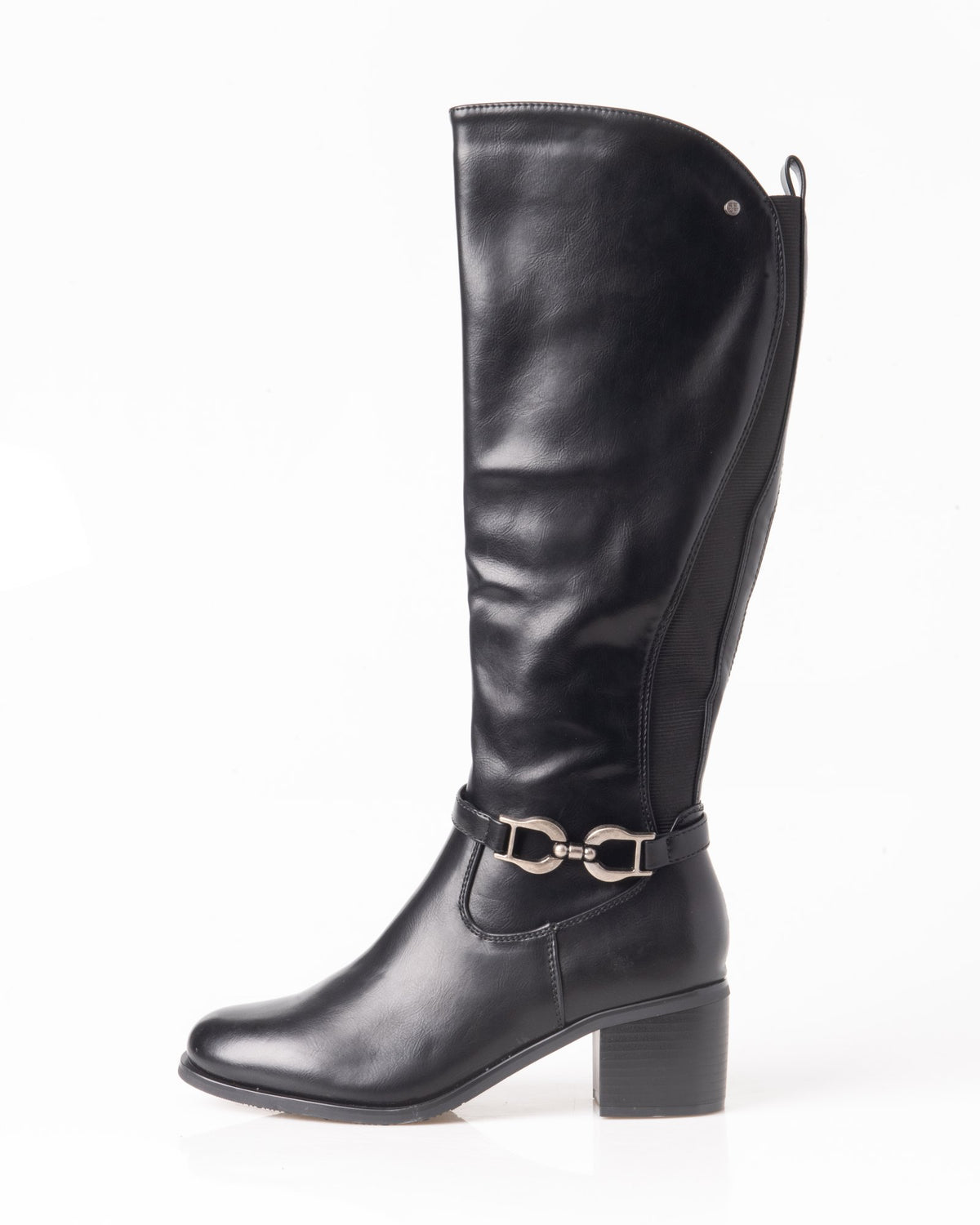 Bota alta negra de mujer con bocado dorado y tacón ancho – vista lateral