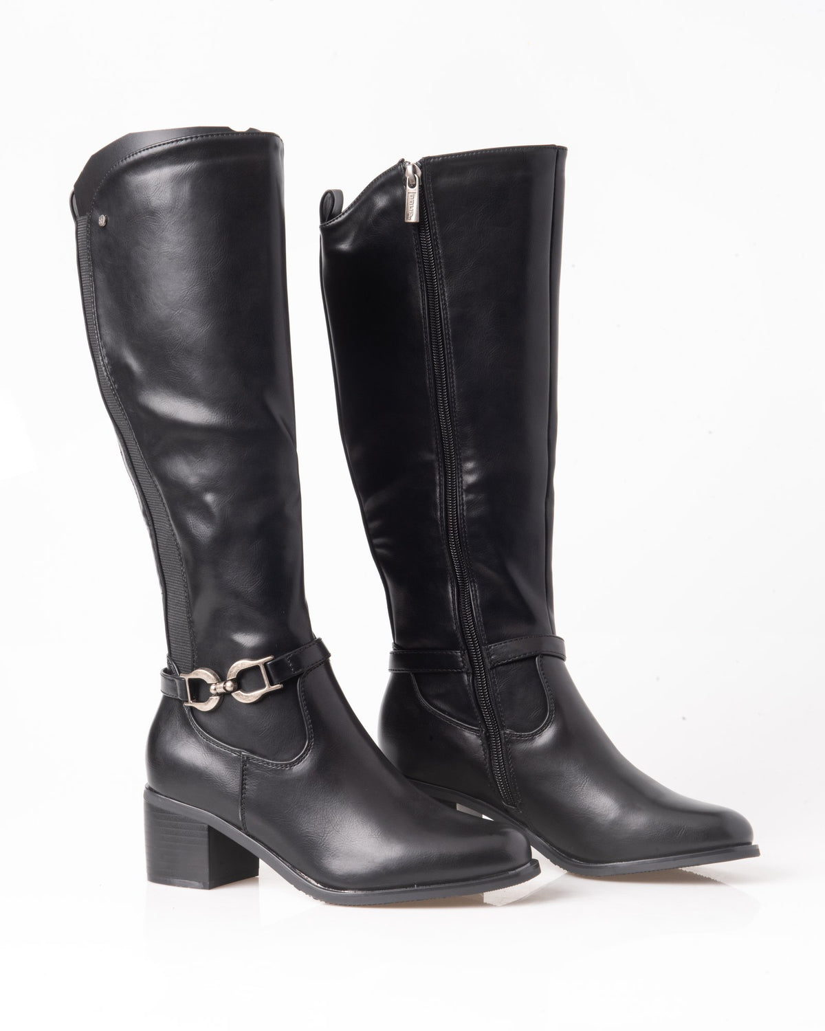 Bota alta negra de mujer con bocado dorado y tacón ancho – par