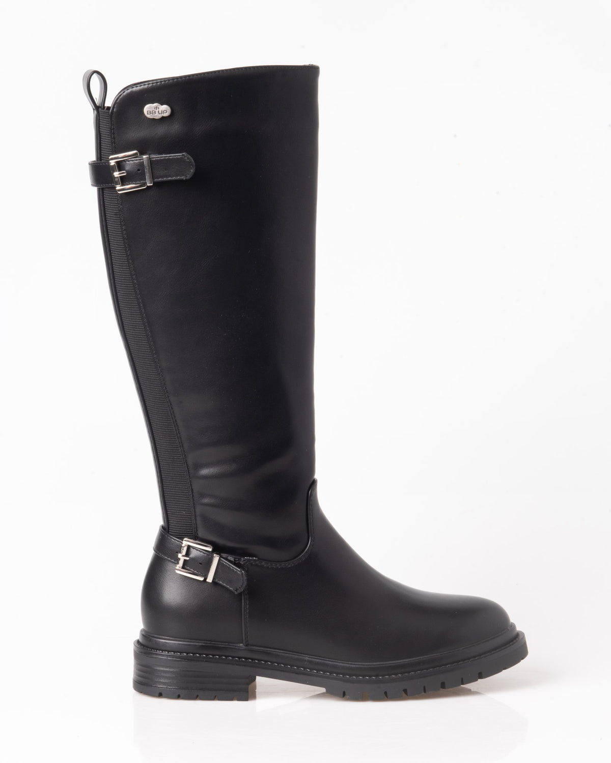Bota alta motera negra de mujer con hebillas y suela track – vista lateral