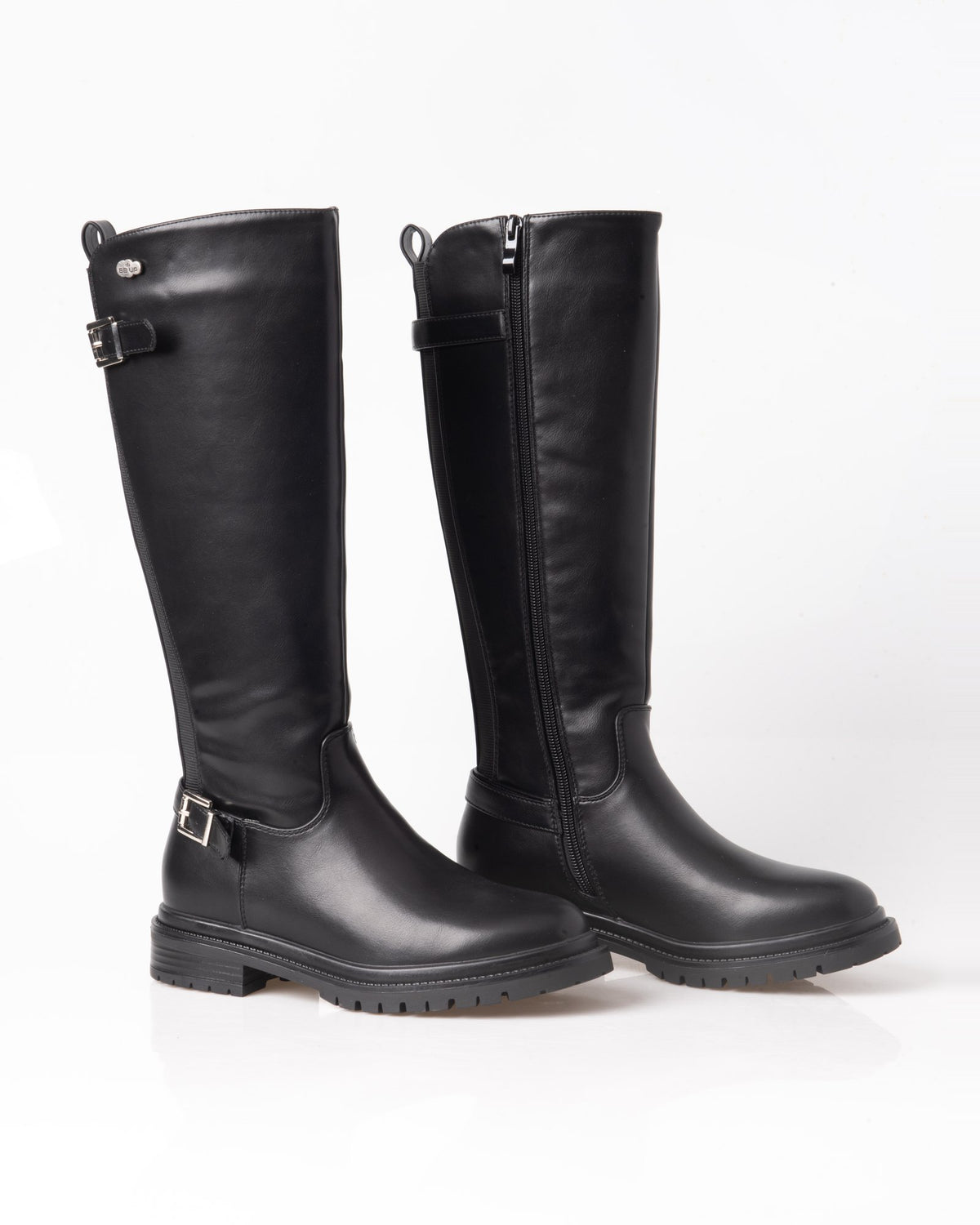 Bota alta motera negra de mujer con hebillas y suela track – par