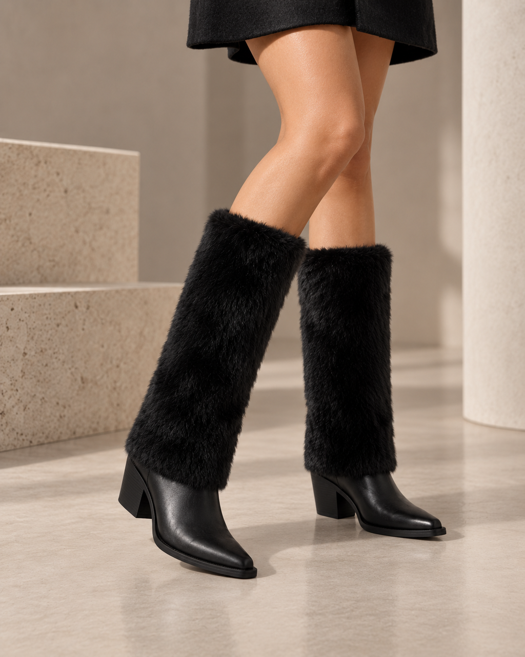 BOTA ALTA COWBOY NEGRA DE MUJER CON PELO