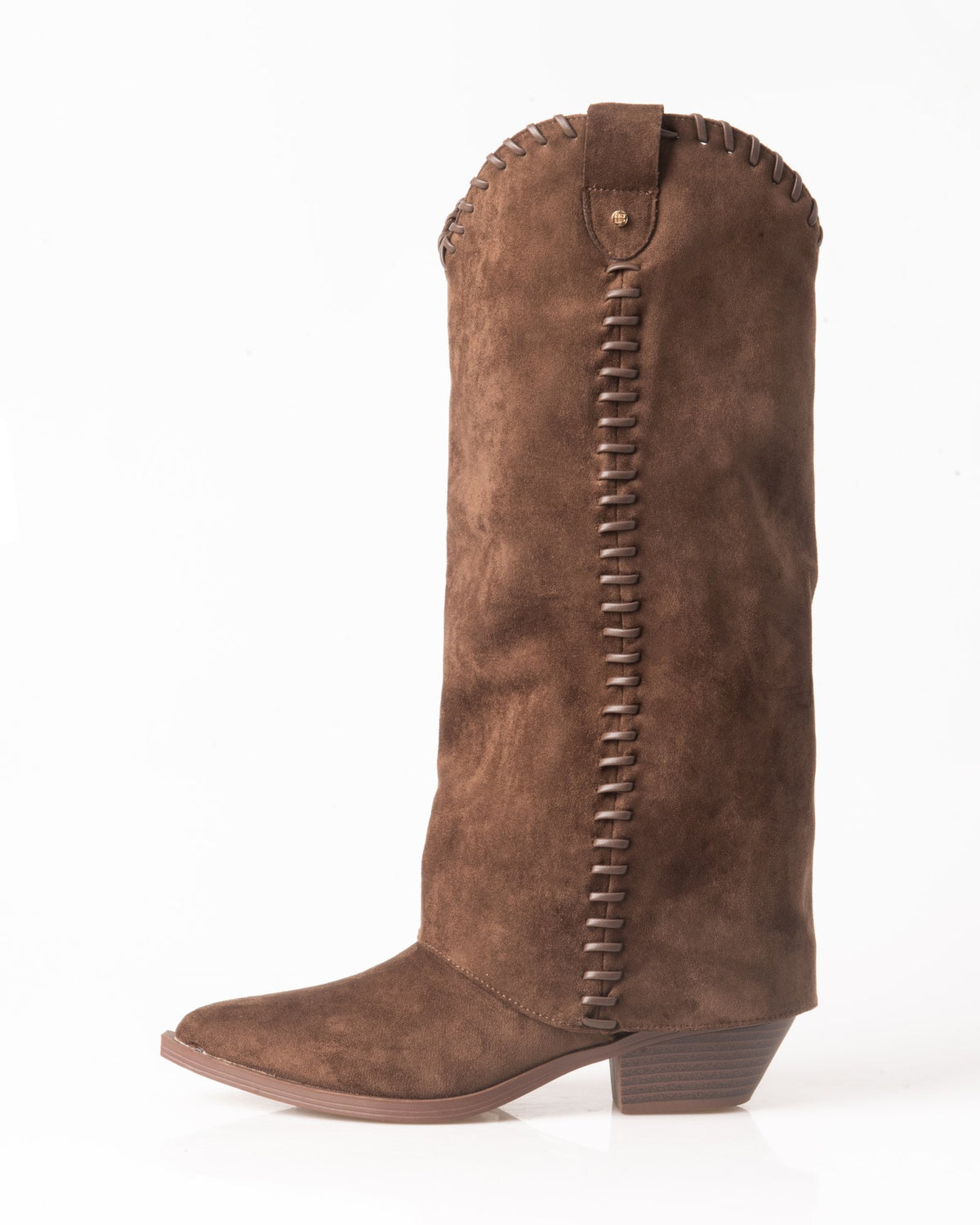Bota cowboy alta marrón de mujer con ribete trenzado – vista lateral