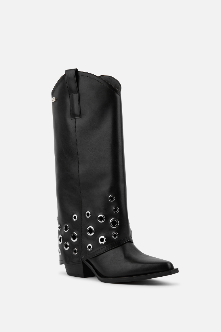 BOTA COWBOY NEGRA DE MUJER  CON OJALES METÁLICOS