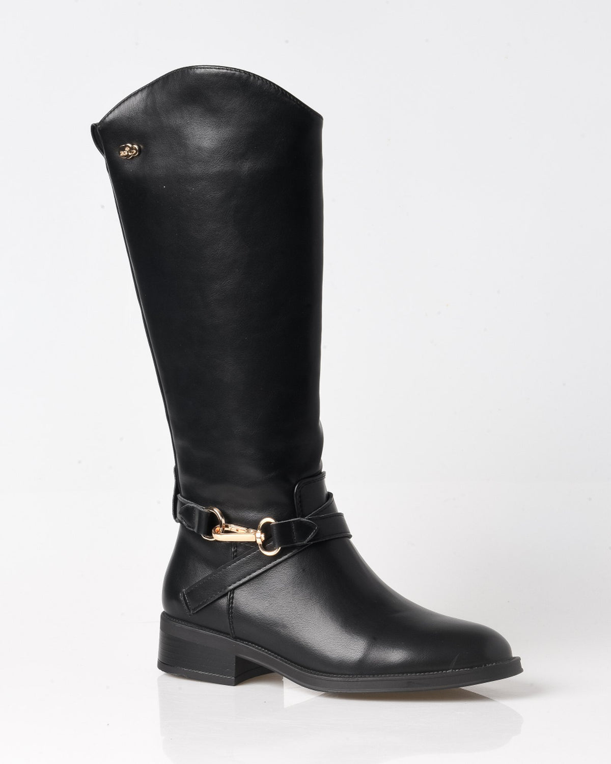 Bota alta negra de mujer estilo ecuestre con hebilla dorada – vista lateral
