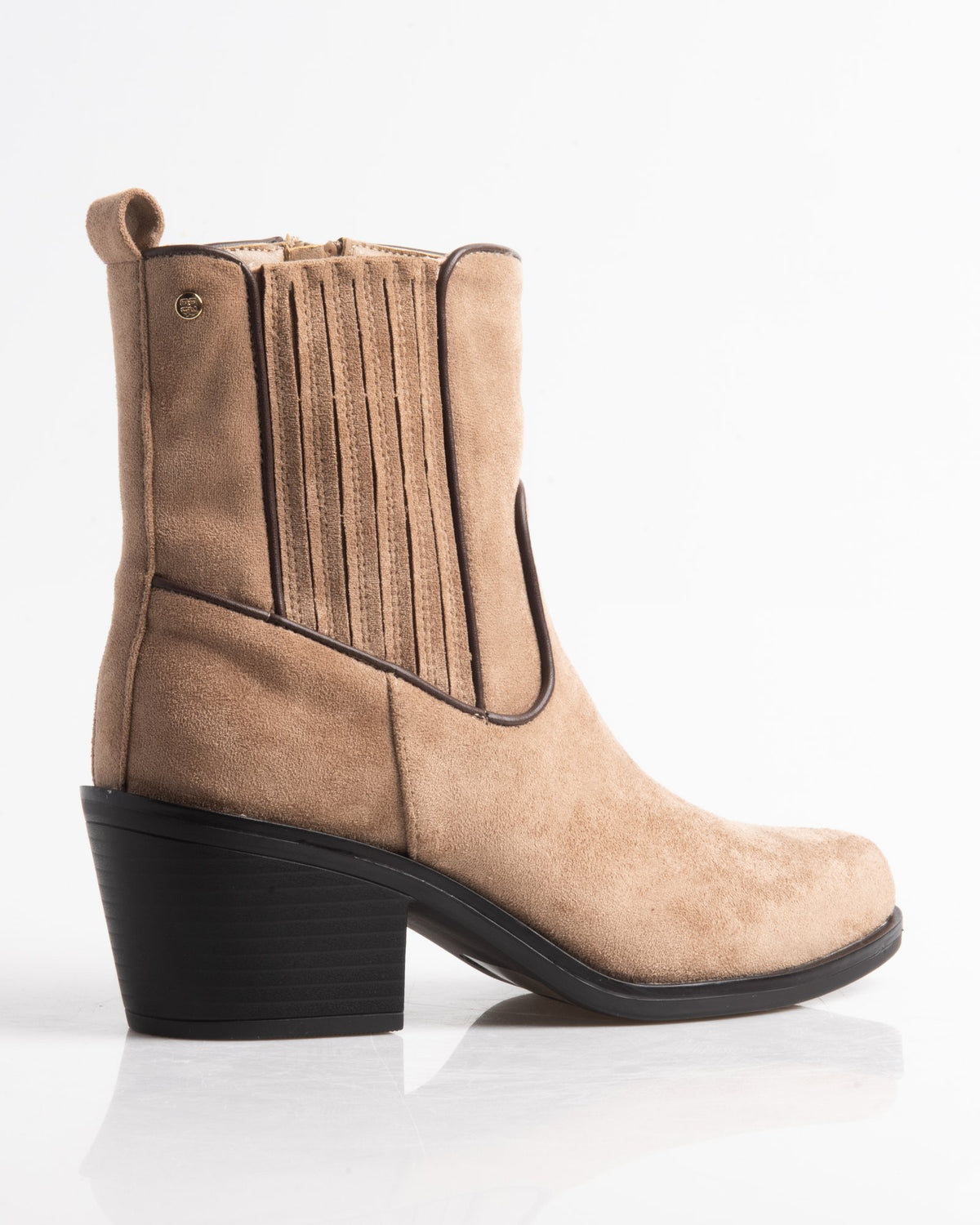 Botín Chelsea beige de mujer con elástico y tacón – vista lateral