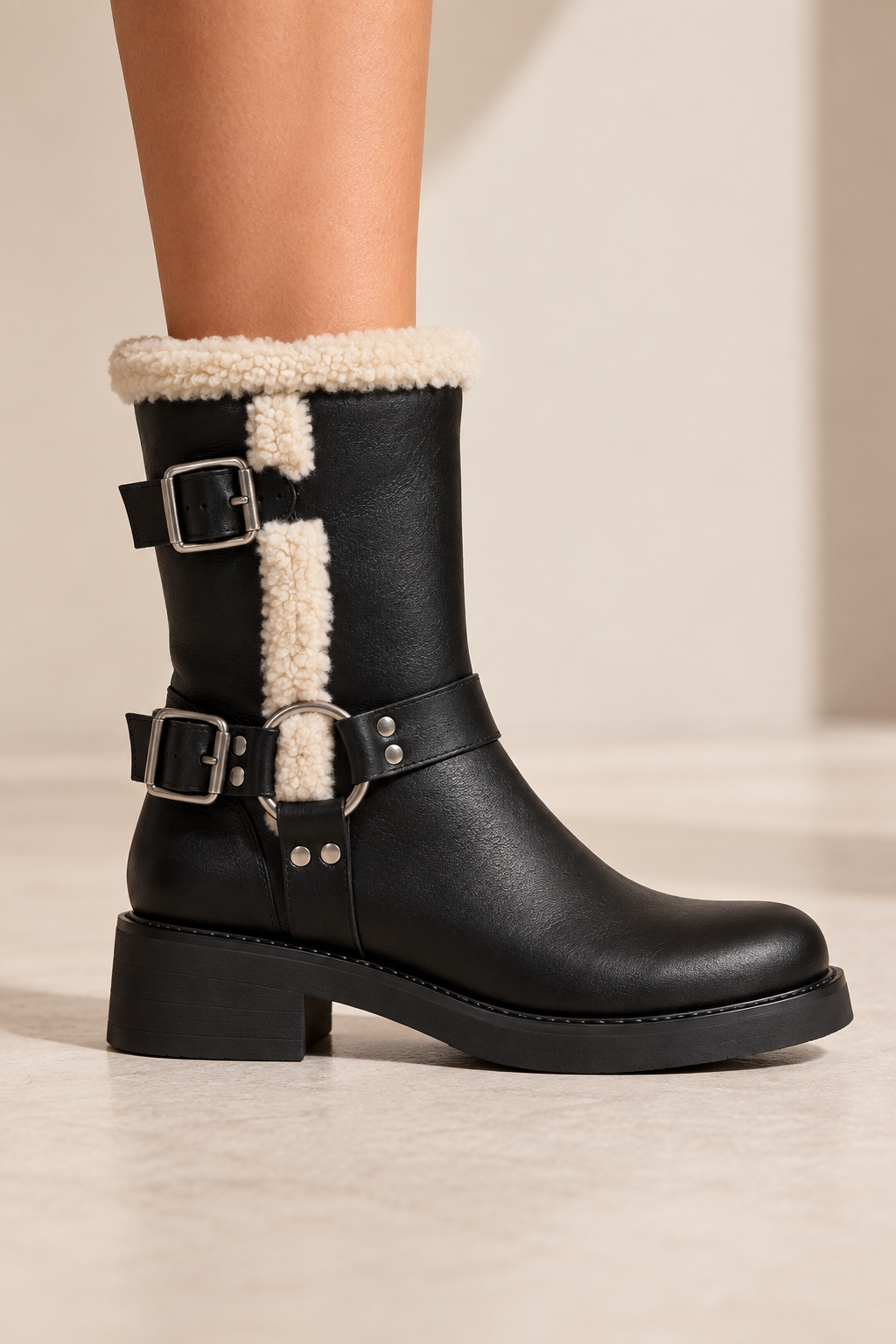 BOTA RASAS DE SENHORA COM FIVELAS E PELO SINTÉTICO