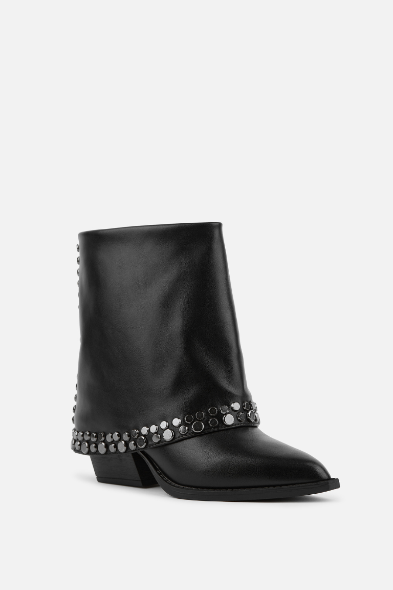 BOTÍN NEGRO DE MUJER CON TACÓN Y TACHAS