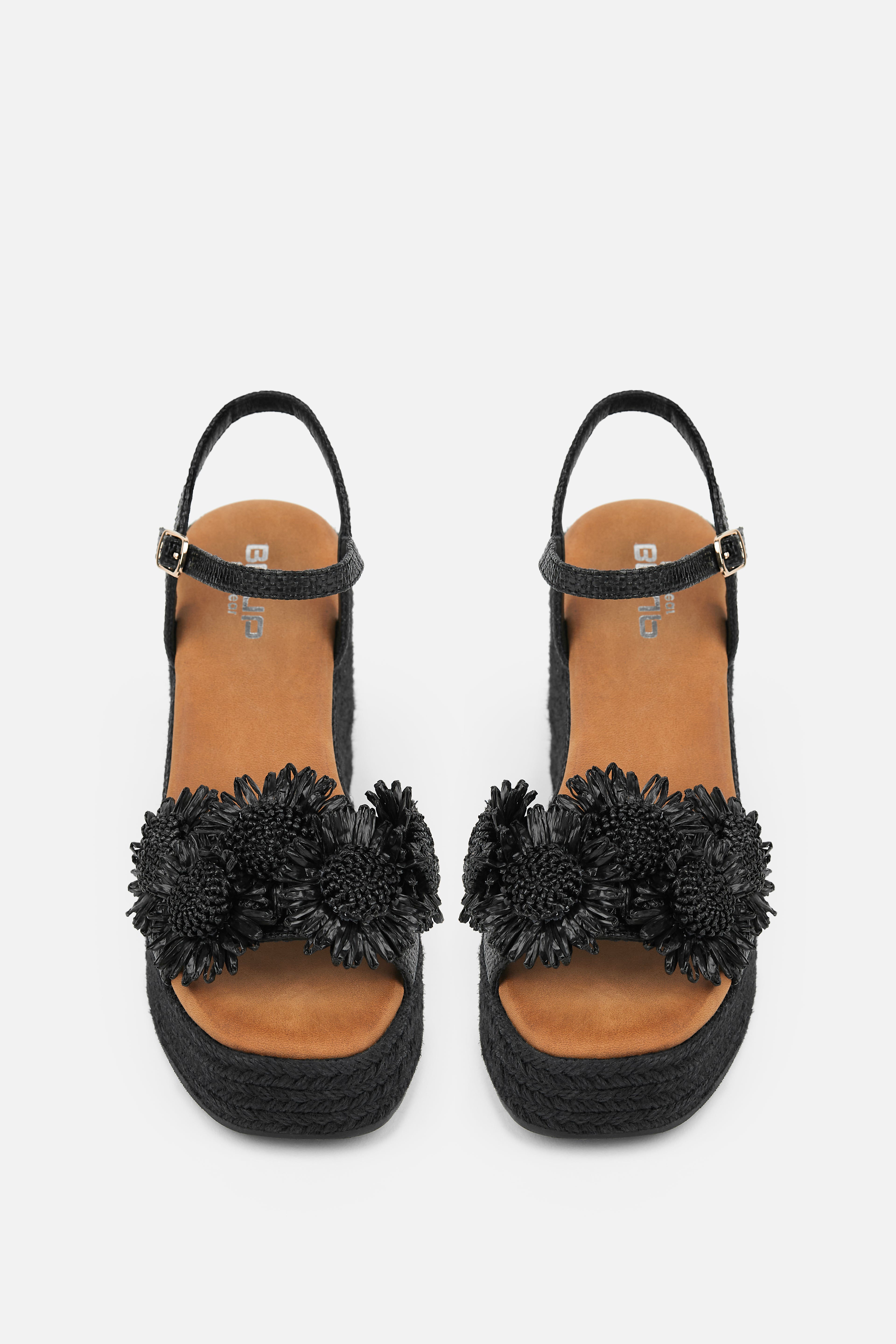 SANDALIA CUÑA NEGRA FLORES MUJER BOHO CHIC