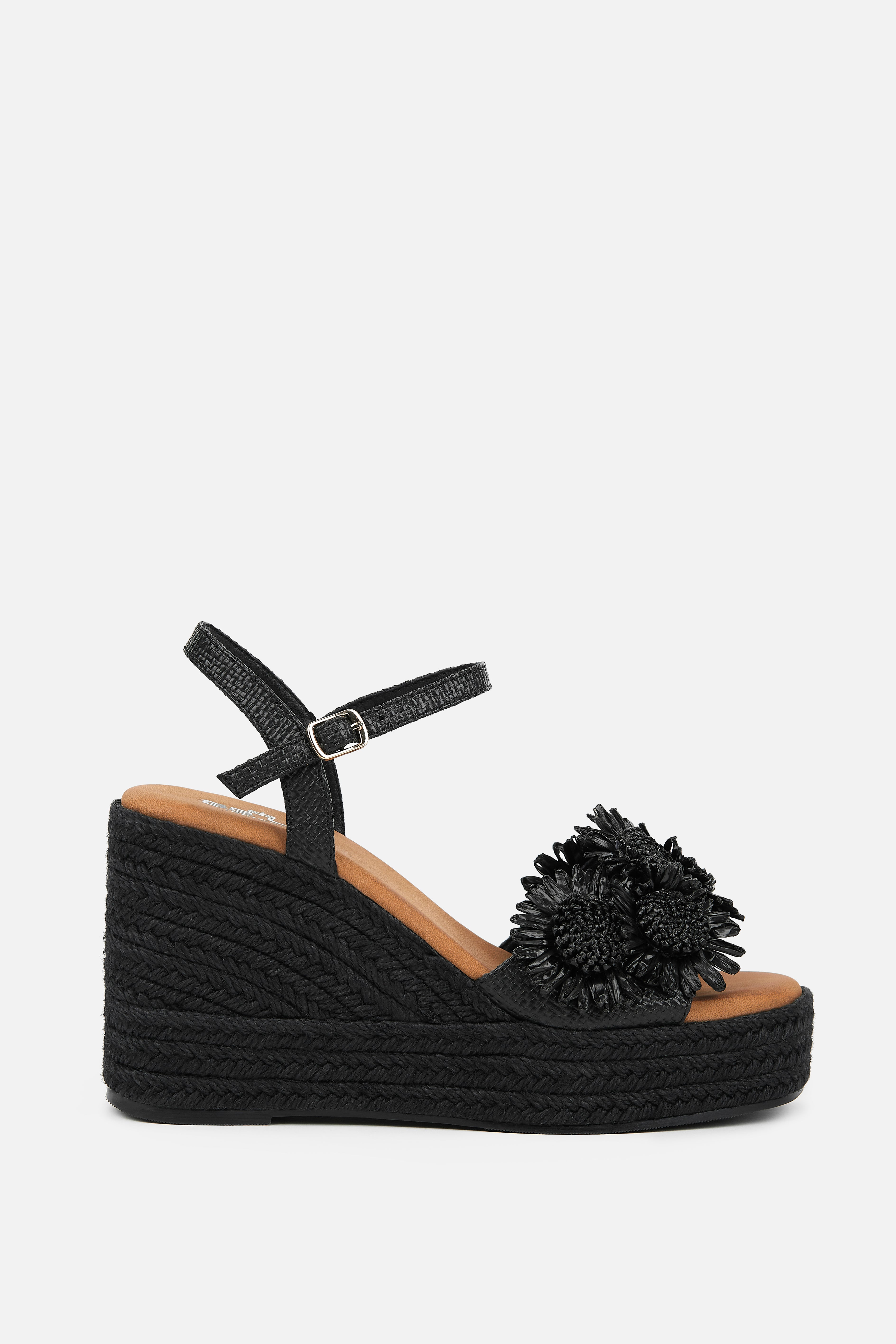 SANDALIA CUÑA NEGRA FLORES MUJER BOHO CHIC