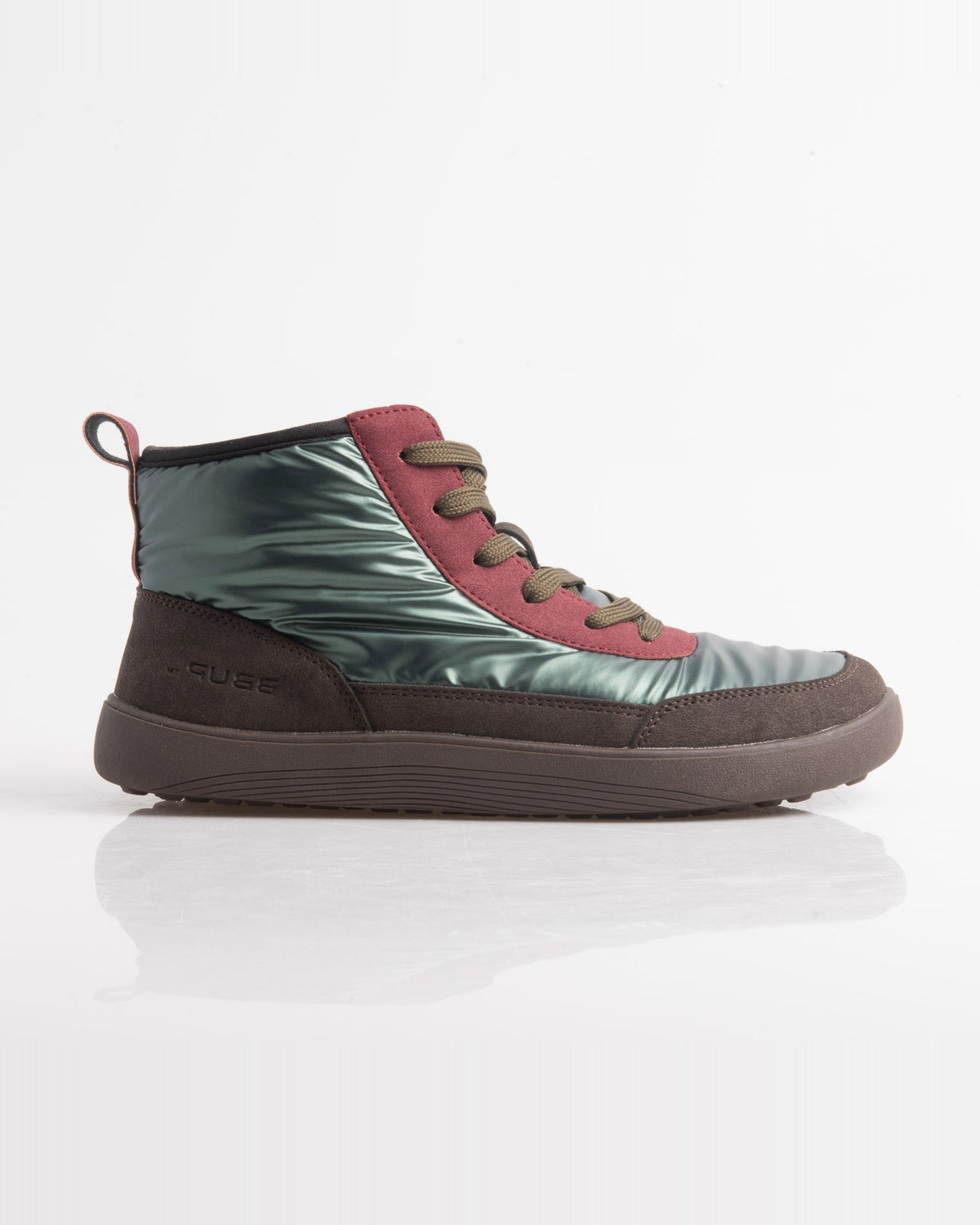 Zapatilla barefoot alta de mujer multicolor efecto plumífero – vista lateral